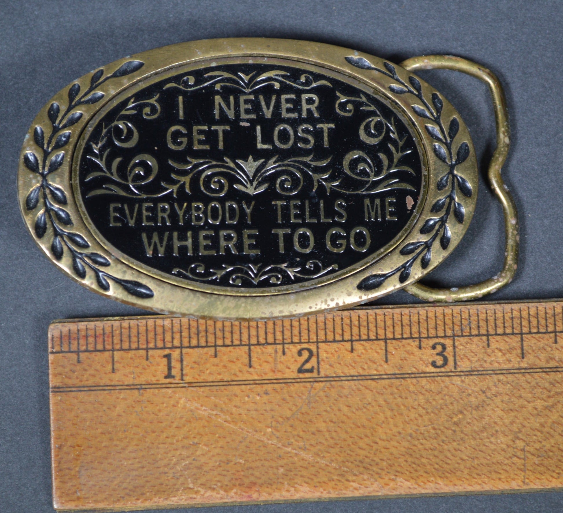 Vintage I Never Get Lost Aminco Heritage Brass Belt Buckle