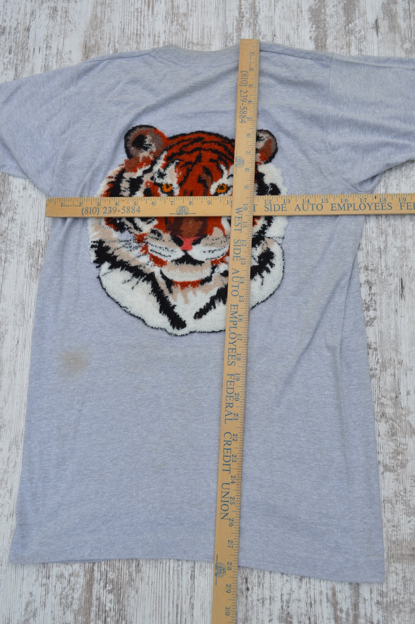 Vintage Chenille Tiger Patch Fruit of the Loom Pocket Tee 80s